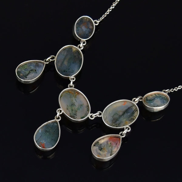 Silver Art Deco Scottish Dendritic Moss Agate Fringe Necklace - Boylerpf