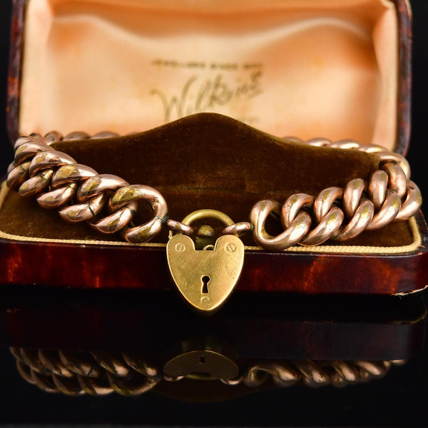 Antique Rolled Rose Gold Heart Padlock Curb Chain Bracelet - Boylerpf