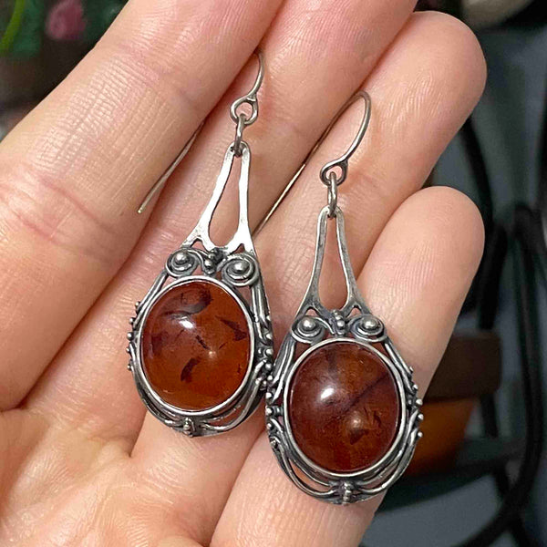 Arts and Crafts Style Silver Scroll Natural Amber Drop Earrings - Boylerpf