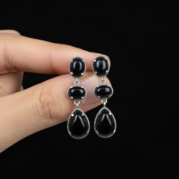 Vintage Sterling Silver Black Onyx Three Stone Drop Earrings - Boylerpf