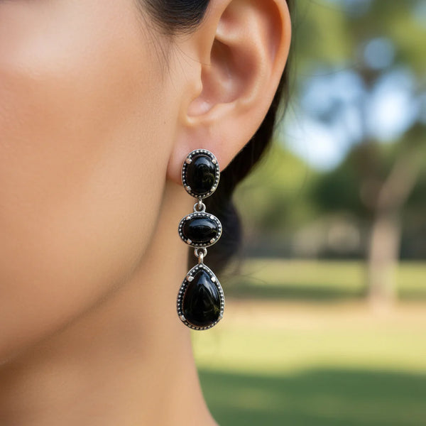 Vintage Sterling Silver Black Onyx Three Stone Drop Earrings - Boylerpf