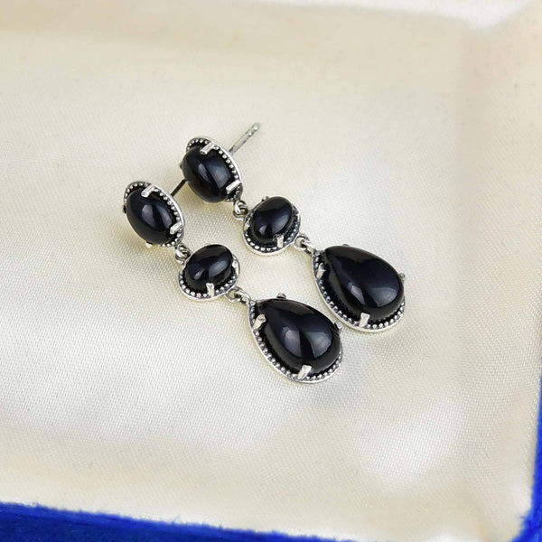 Vintage Sterling Silver Black Onyx Three Stone Drop Earrings - Boylerpf