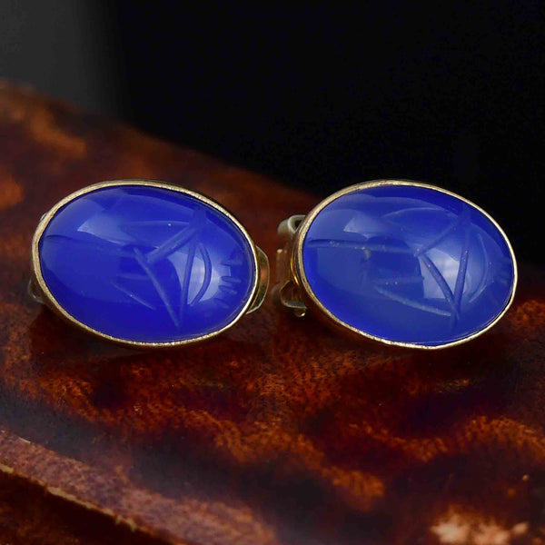 Vintage Blue Chalcedony Scarab Clip On Earrings - Boylerpf