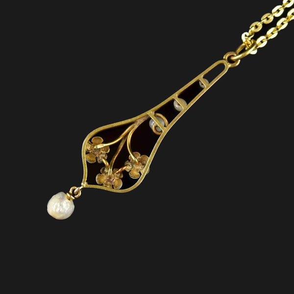 Krementz Art Nouveau 14K Gold Pearl Enamel Forget Me Not Necklace - Boylerpf