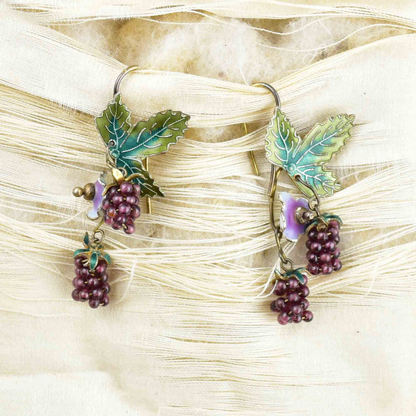 Vintage Silver Amethyst Raspberry Enamel Leaf Earrings - Boylerpf