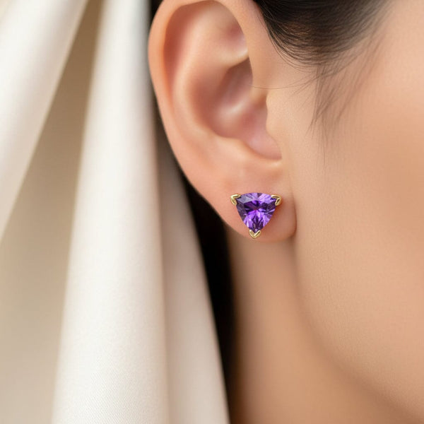 Vintage Trillion Cut Amethyst Gold Stud Earrings