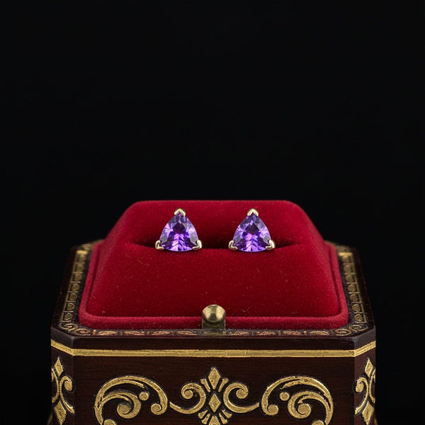 Vintage Trillion Cut Amethyst Gold Stud Earrings