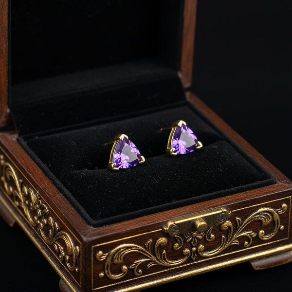 Vintage Trillion Cut Amethyst Gold Stud Earrings