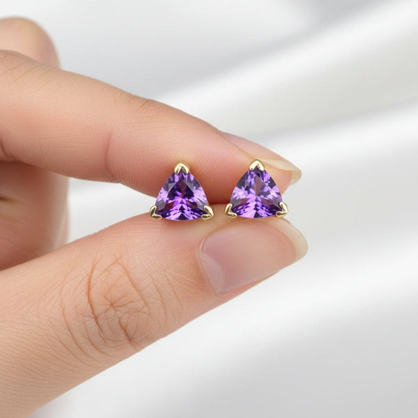 Vintage Trillion Cut Amethyst Gold Stud Earrings