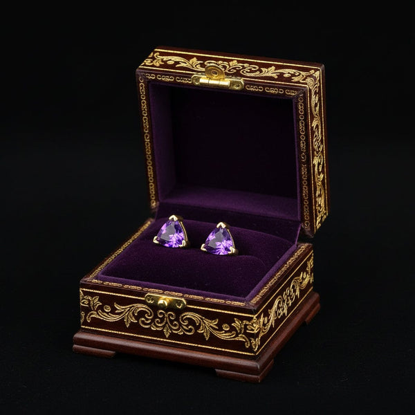 Vintage Trillion Cut Amethyst Gold Stud Earrings