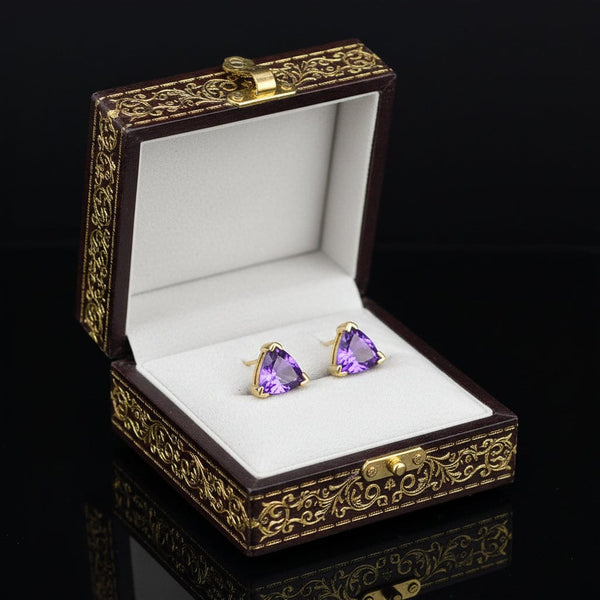 Vintage Trillion Cut Amethyst Gold Stud Earrings