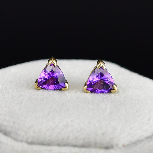 Vintage Trillion Cut Amethyst Gold Stud Earrings