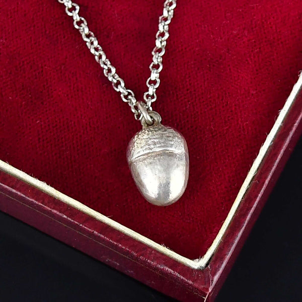 Antique Solid Sterling Silver Acorn Charm Necklace