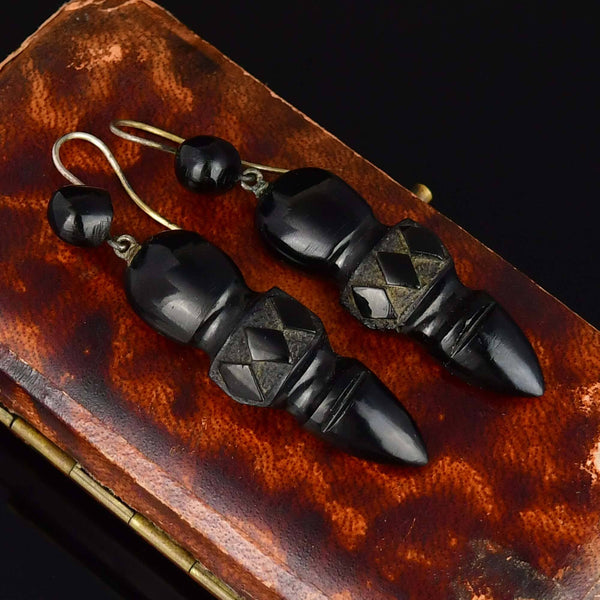Antique Victorian Carved Whitby Jet Chandelier Earrings - Boylerpf