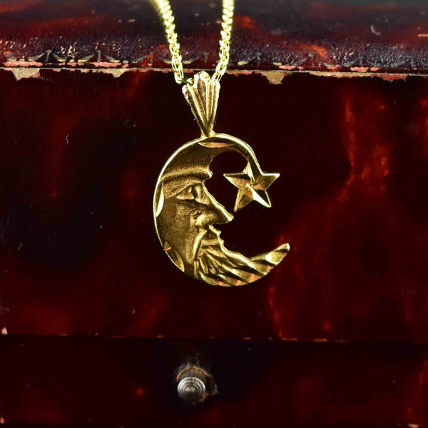 Vintage 14K Gold Etched Man in the Moon Pendant Necklace - Boylerpf