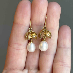 Vintage Gold Citrine Baroque Pearl Flower Earrings - Boylerpf