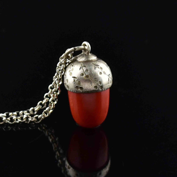 Vintage Carved Silver Carnelian Acorn Pendant Necklace - Boylerpf