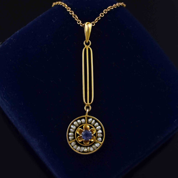 Antique 10K Gold Sapphire Pearl Lavalier Necklace - Boylerpf