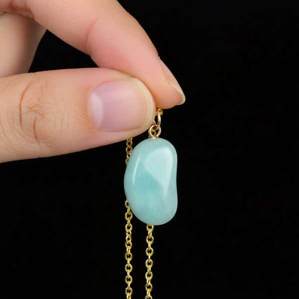 Vintage 9K Gold Amazonite Lucky Bean Charm Necklace - Boylerpf