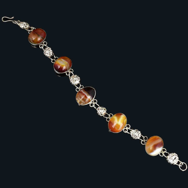 Arts and Crafts Style Silver Floral Banded Agate Bracelet - Boylerpf