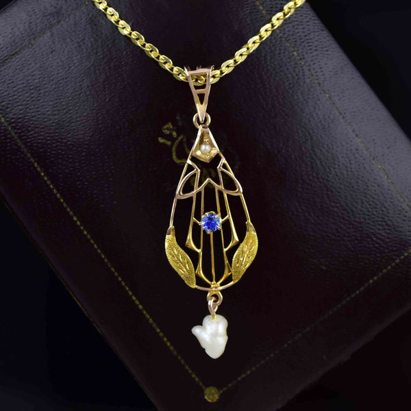 10K Gold Art Nouveau Pearl Sapphire Lavaliere Necklace - Boylerpf