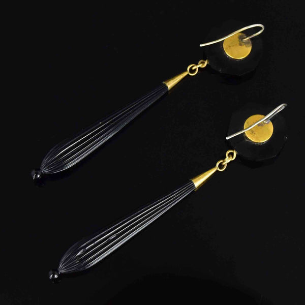 Antique Carved Whitby Jet French Jet Mourning Drop Earrings - Boylerpf