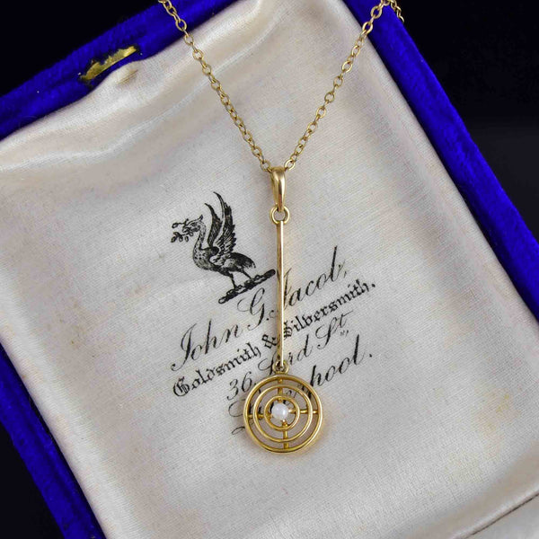 Antique Art Deco 14K Gold Pearl Target Lavalier Pendant Necklace - Boylerpf