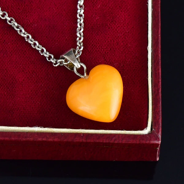 Vintage Sterling Silver Butterscotch Amber Heart Charm Necklace - Boylerpf