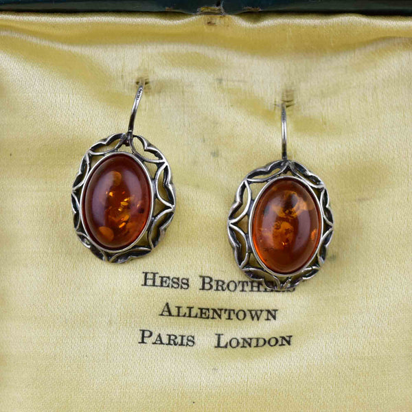 Vintage Silver Heart Amber Cabochon Statement Earrings - Boylerpf