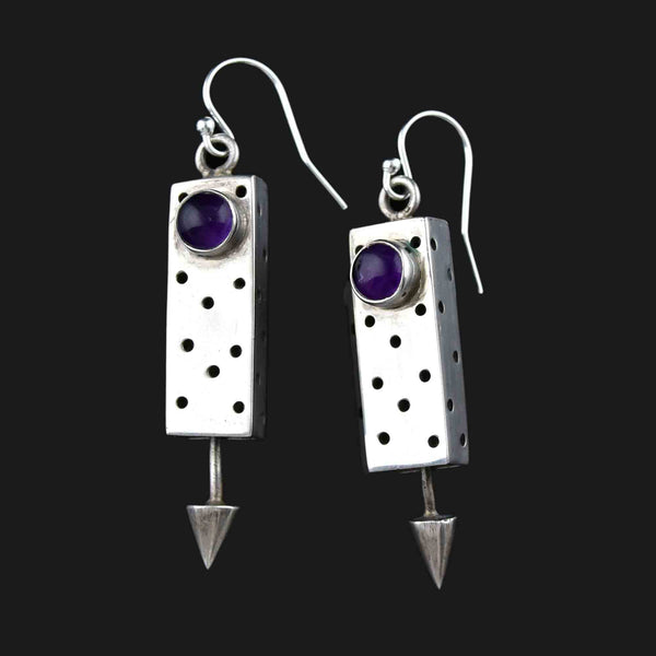 Vintage Geometric Silver Amethyst Cabochon Drop Earrings - Boylerpf