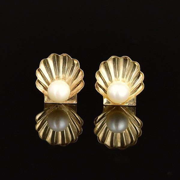 Vintage Pearl 9K Gold Scallop Shell Stud Earrings - Boylerpf