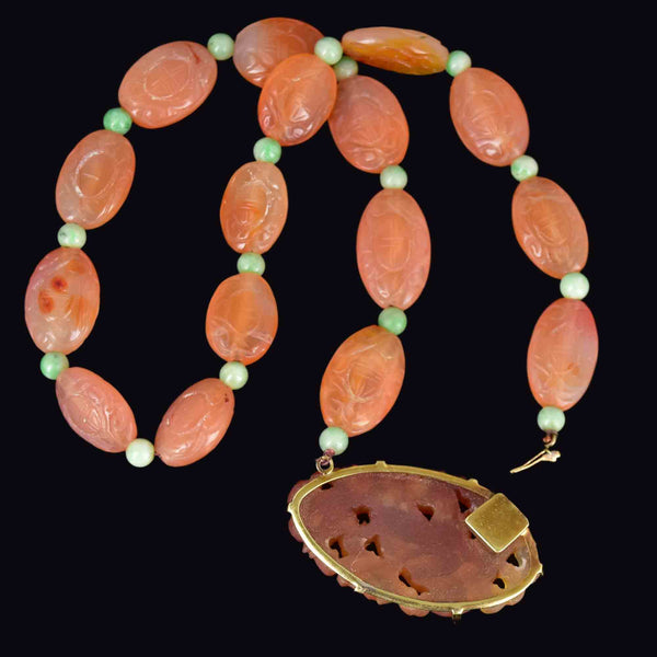 Vintage 14K Gold Carved Phoenix Tangerine Green Jade Necklace - Boylerpf