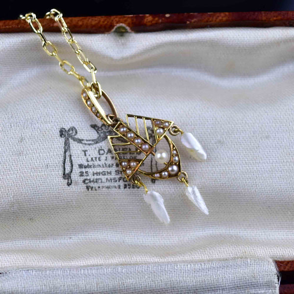 Antique Art Nouveau 14K Gold Pearl Lavalier Necklace - Boylerpf