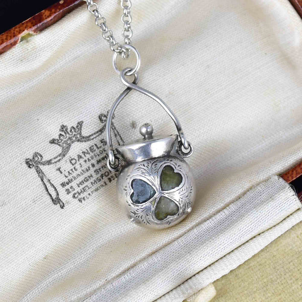 Antique Victorian Silver Connemara Marble Cauldron Pendant Necklace - Boylerpf