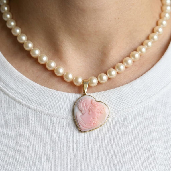 14K Gold Pink Shell Cameo Heart Enhancer Pendant Necklace