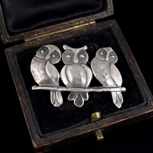 Vintage Three Wise Owls Sterling Silver Brooch