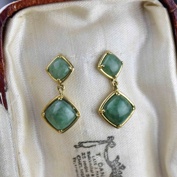 Gold Natural Jade Cabochon Geometric Drop Earrings - Boylerpf