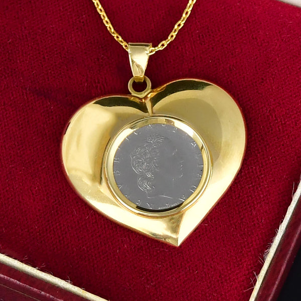 Vintage Lire Coin 14K Gold Heart Pendant Necklace