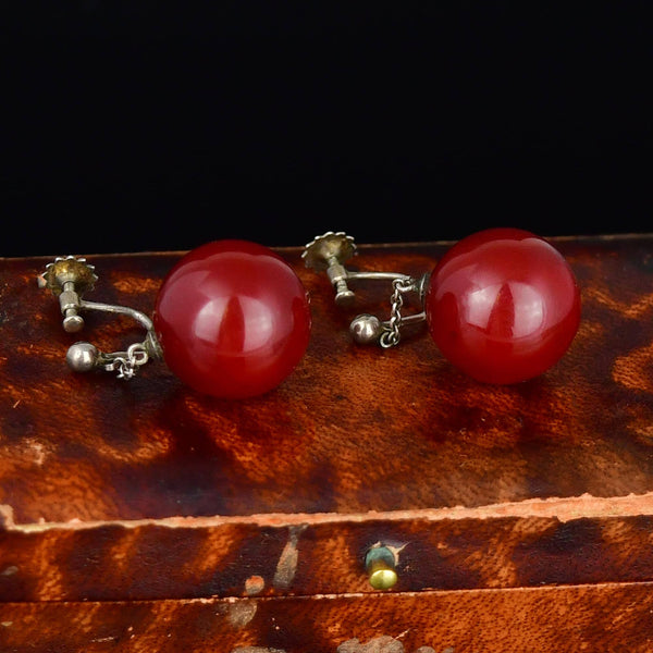 Vintage Art Deco Cherry Amber Ball Silver Screw Back Earrings