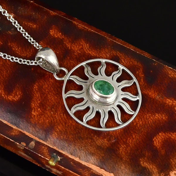 Vintage Emerald Sterling Silver Sun Pendant Necklace