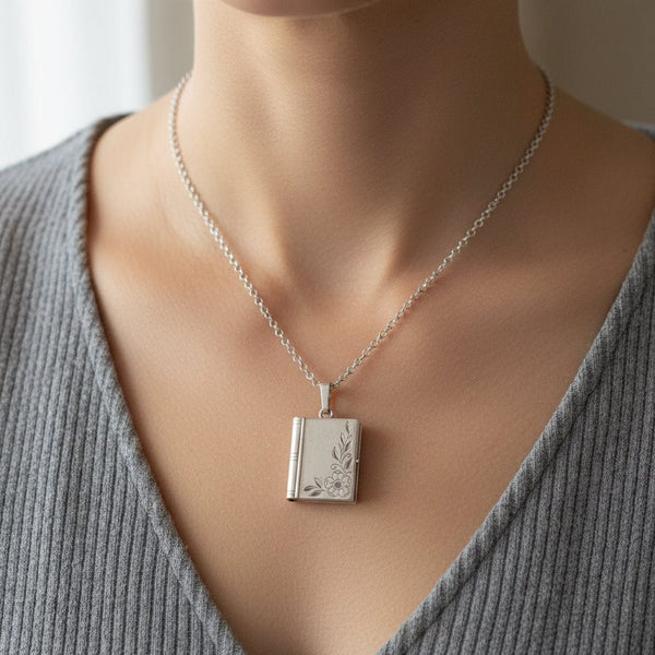 Vintage Forget Me Not Sterling Silver Book Locket Necklace
