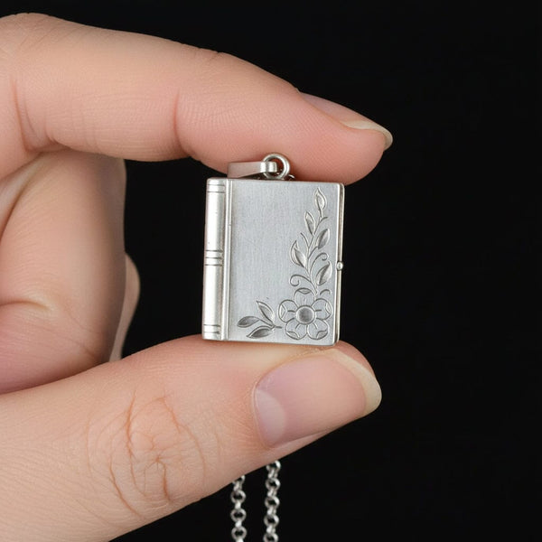 Vintage Forget Me Not Sterling Silver Book Locket Necklace