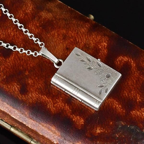 Vintage Forget Me Not Sterling Silver Book Locket Necklace