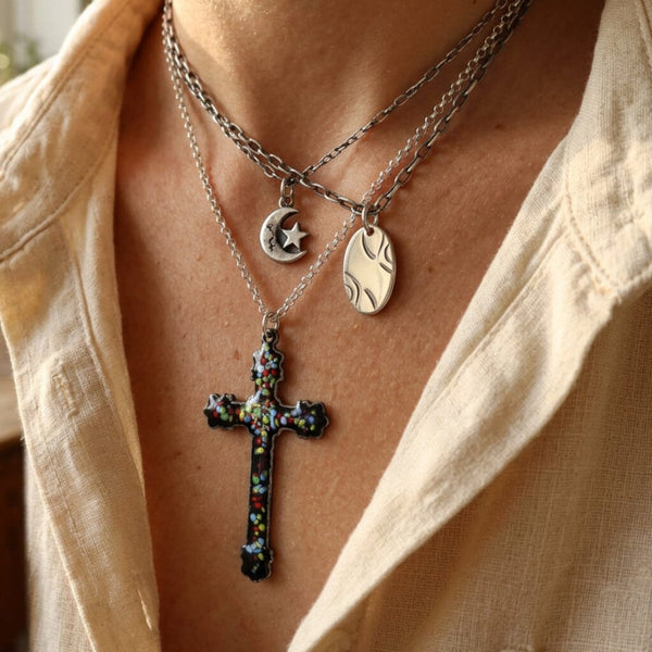 Vintage Enamel Sterling Silver Engraved Cross Necklace - Boylerpf