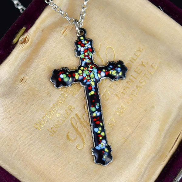 Vintage Enamel Sterling Silver Engraved Cross Necklace - Boylerpf
