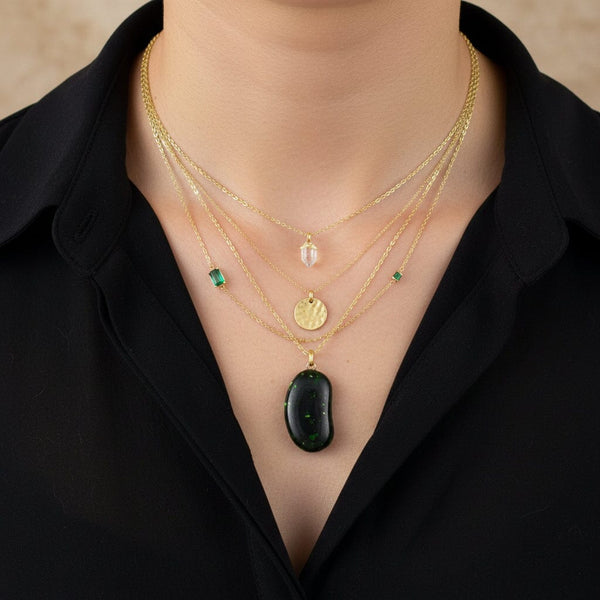 Vintage 9K Gold Green Goldstone Lucky Bean Charm Necklace