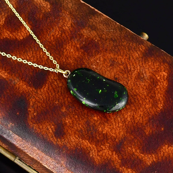 Vintage 9K Gold Green Goldstone Lucky Bean Charm Necklace