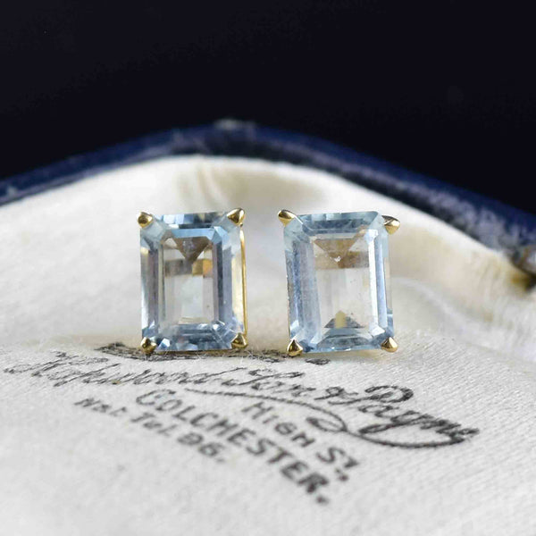 14K Gold Emerald Step Cut Blue Topaz Stud Earrings - Boylerpf