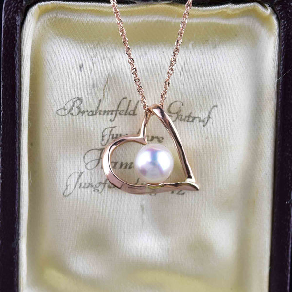 Vintage 14K Rose Gold Heart Na Hoku Pearl Pendant Necklace - Boylerpf