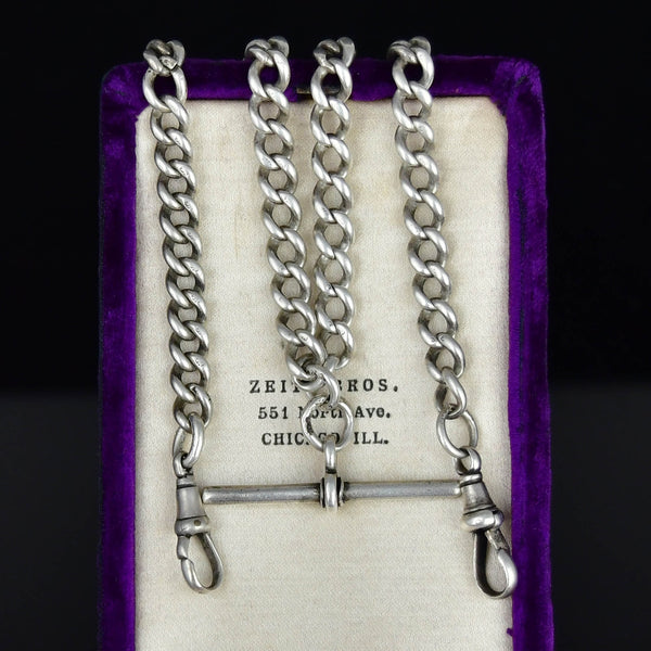 Antique Double Albert Watch Chain Necklace Sterling Silver